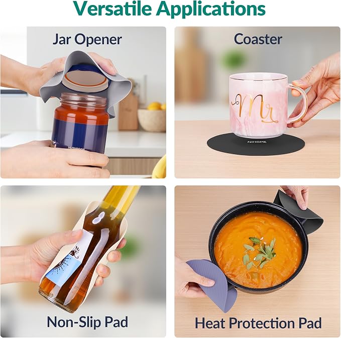 NiHome Silicone Jar Opener Gripper Pads, 6 Inch Large Rubber Jar Openers for Seniors with Arthritis & Weak Hands, Food-Grade Non-Slip Bottle Lid Grip, Heat-Resistant Trivet Coaster Mat, Set of 4