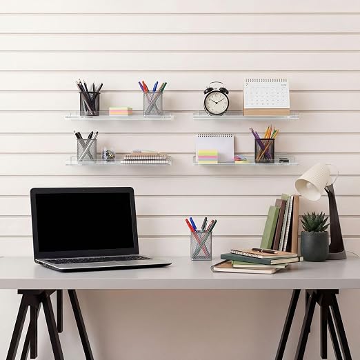 Yalikop 4 Pcs Slatwall Shelves Clear Acrylic Slatwall Shelves Organizer Wall Mounted Hanging Accessories Plastic Panel Display Shelf for Retail Store Boutique Garage Home(No Fence Style,14 x 6 Inch)