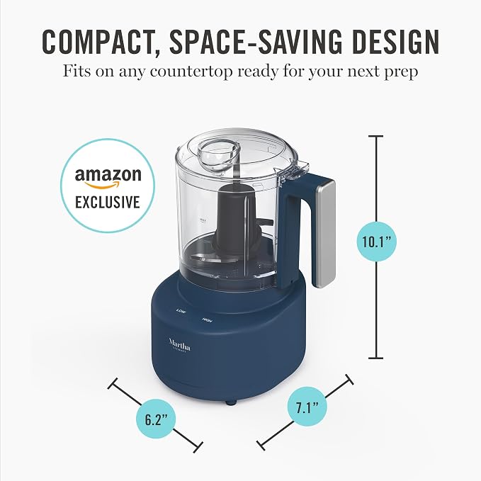 Martha Stewart 3 Cup Electric Vegetable Chopper, Mini Food Processor, Navy | 24oz BPA-Free Bowl, Stainless Steel Blades, Pour Spout, Dice, Puree, Mince, Chop Vegetables & Herbs, Dishwasher-Safe Parts