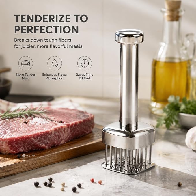 Meat Tenderizer Tool, 28 Sharp Needles Stainless Steel Mallet | 304 Stainless Steel Meat Hammer with Safety Guard, Easy Grip Handle for Tenderizing Beef, Chicken & Turkey, Dishwasher Safe