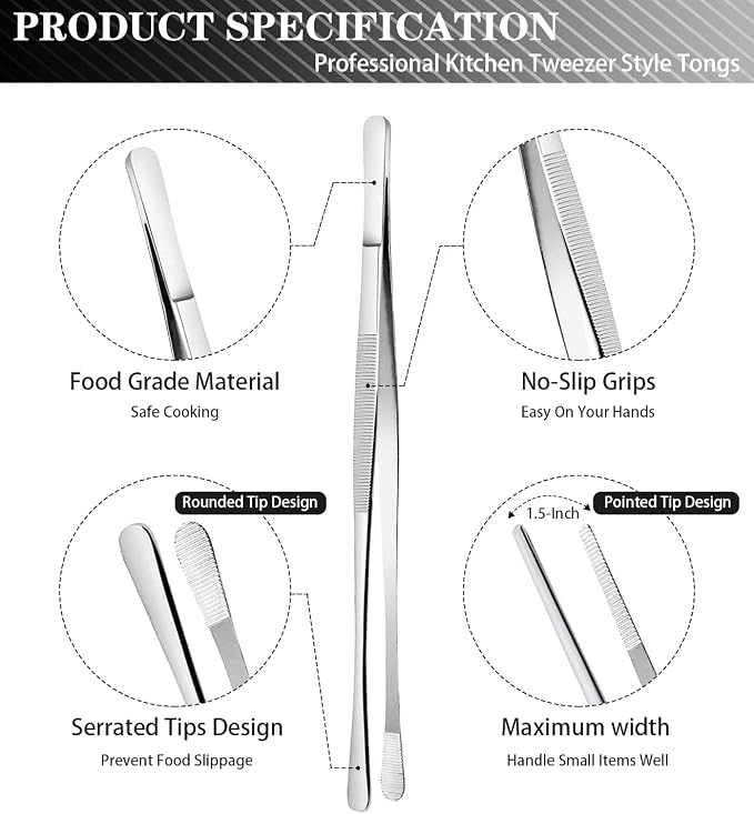 JETKONG 2 Pcs 12-Inch Cooking Tweezers Stainless Steel, Straight Food Tweezers, Professional Kitchen Tweezer/Forceps for Cooking Repairing and BBQ (12-Inch, Silver)