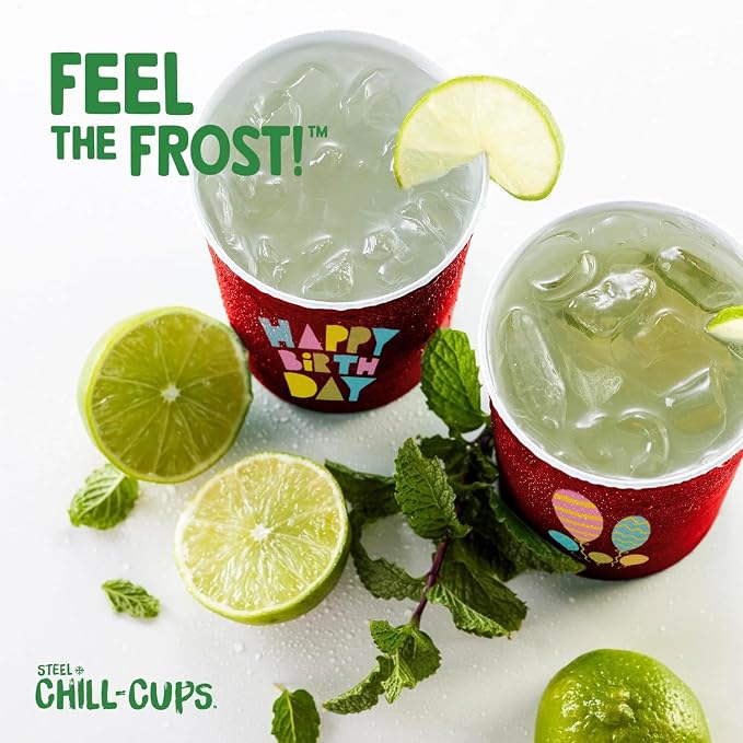 Steel Chill Cups 16 oz. Reusable Party Cups, Happy Birthday, 12 Count | Made in USA from Steel these durable cups chill fast & keep your drink cold for longer, 100% recyclable for sustainablity