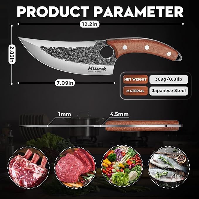 Huusk Hand Forged Viking Butcher Knife with Sheath, Japanese Carbon Steel | Sharp Meat Cutting Chef Knife with Ergonomic Handle for Premium Control, Includes Protective Sheath, Gift for Men and Women