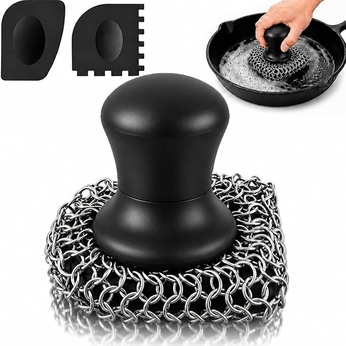 Cast Iron Scrubber and Scraper | 316 Chainmail Scrubber for Cast Iron Pan | Chain Mail Scrubber for Cast Iron Skillet Cleaner | Dishes Pots Wok Griddle Grill | Dish Scouring Pad Dishwasher Safe, Black1