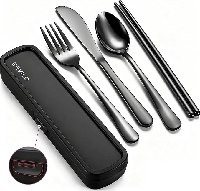 Travel Utensils with Case, Stainless Steel Portable Cutlery Set for Camping Picnic, Lunch Box Silverware for Work, Reinforced Case with Snap-Lock Closure, Include Fork Spoon Knife Chopsticks, Black