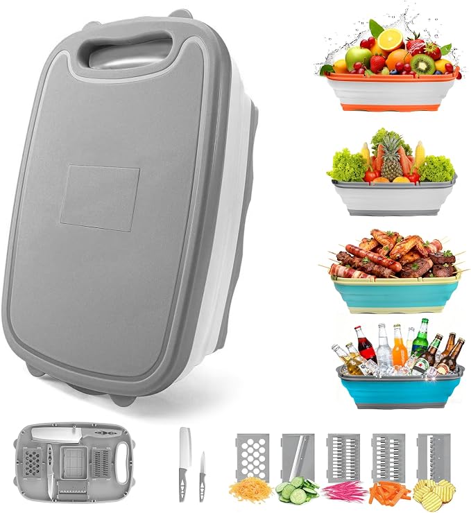 Gintan Camping Cutting Board, 9-in-1 Collapsible Chopping Board with Colander, Outdoor-Kitchen Vegetable Washing Basket for Campers, Camping Gifts Camping Accessories for RV Campers (Gray)