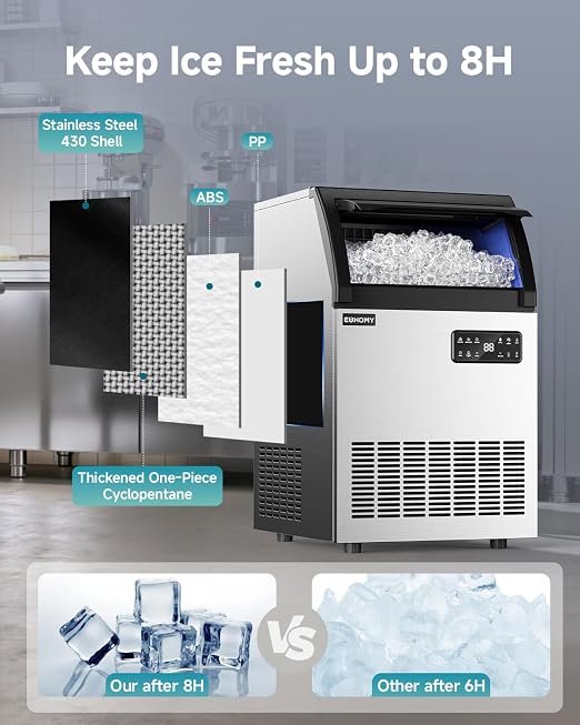 EUHOMY Commercial Ice Maker,200lbs/24H,Stainless Steel Under Counter Ice Machine with Water Filter,33lbs Storage Capacity, 84 Cubes in 8-12 Mins, Freestanding Ice Machine for Home/Bar/Cafe/Restaurant