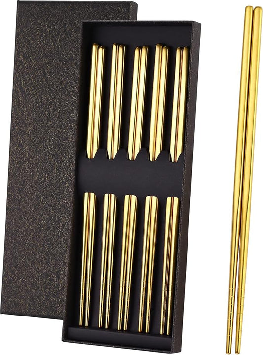 Gold Stainless Steel Chopsticks - Reusable Chopsticks - 5 Pairs Dishwasher Safe Metal Chopsticks - Easy to Use - Pressure Line Lightweight Chop Sticks- Gift Set（9 Inch ）