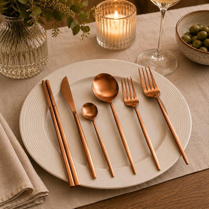 Matte Copper Silverware Set Reusable Chopsticks - KiiZYs 14-piece Stainless Steel Utensils Set Kitchen Accessories - Modern Flatware Spoon Fork Knife - Cutlery Set Gift Box (Matte Copper, 2 Sets)