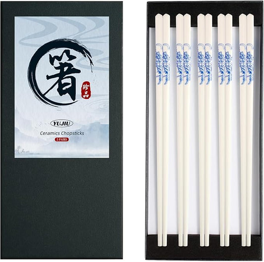 Porcelain Chopsticks Set of 5 Pairs, Reusable Bone Ceramic Chopsticks, Dishwasher Safe, Non-Slip Design, Elegant Gift Box for Family or Restaurant Use (peony)