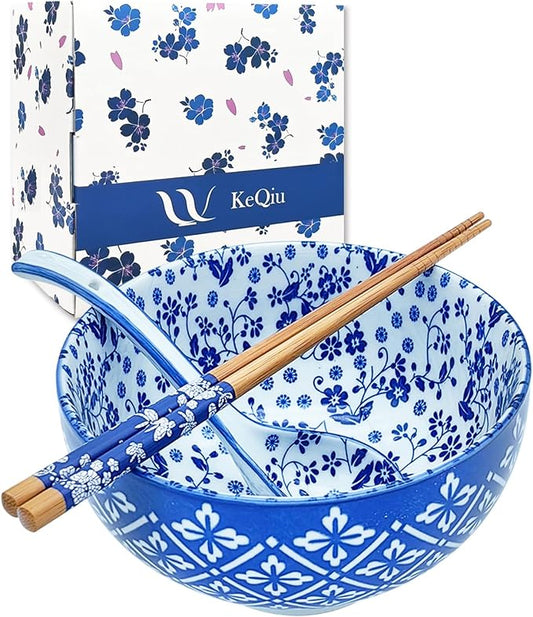 28Oz Ceramic Ramen Noodle Pho Bowl Set with Chopstick&Spoon&Gift box | Lead & Cd Free, Food Safe, Microwave/Oven/Dishwasher Safe, Matching pattern set, foam packed, ideal all-occasion gift