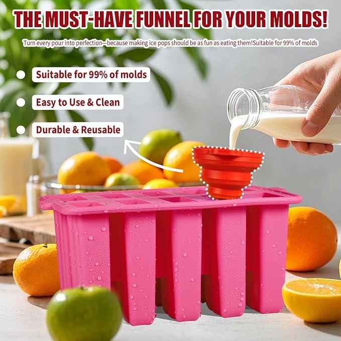 Homemade Popsicles Molds, Food Grade Popsicle Molds for Kids, 10 Cavity Non-BPA Silicone Ice Pop Maker, Reusable Silicone Popsicle Molds with 50 Stick, 50 Bags, Funnel (Pink)