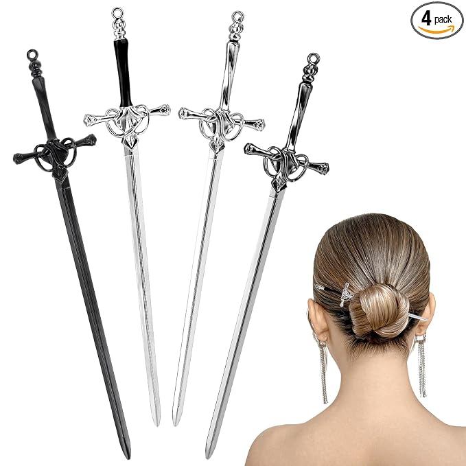 Qianyu 4 Pcs Ancient Style Sword Hair Chopstick Chinese Style Hair Stick for Bun Hair Long Hair Classic Vintage Ancient Sword Shape Hair Stick Women Girl Decorative Accessories (Style 3)