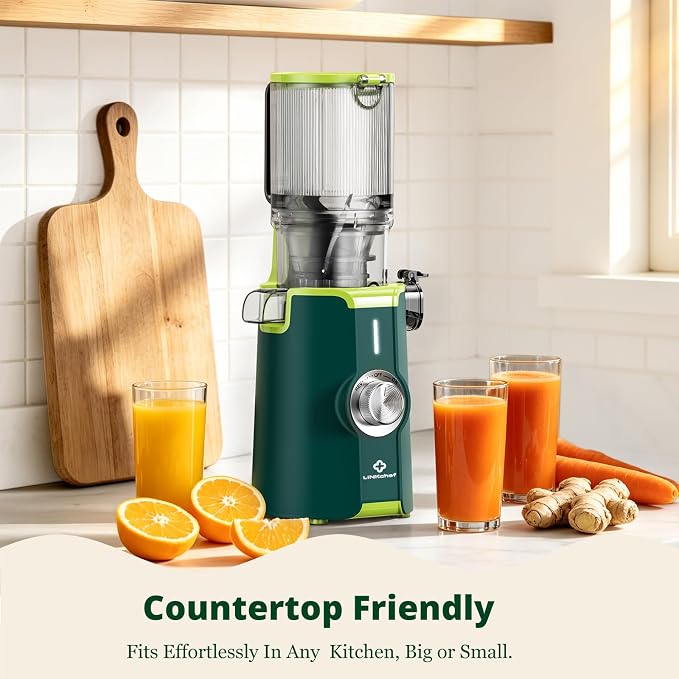 LINKChef Cold Press Juicer Machine, 4.53" Whole Fruit Slow Masticating Juicer with Auto Cutting, 200W Quiet Motor & High Juice Yield, Easy Clean Compact Juicer Extractor with Recipe Guide, Green