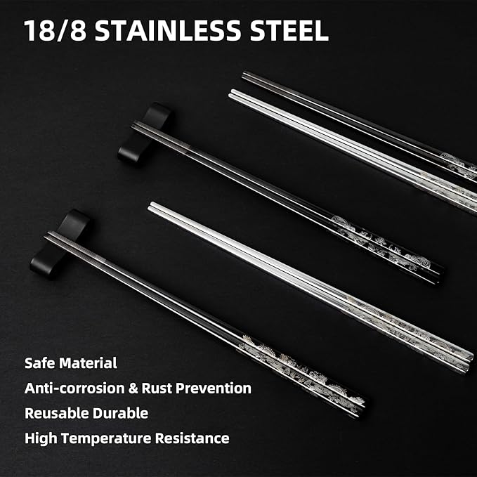 Reusable Metal Chopstick, Non-Slip Grip, Dishwasher Safe, Japanese & Korean Style, 2 Pairs Stainless Steel Chopsticks Gift Set for Cooking, Dining & Travel 18/10(9")