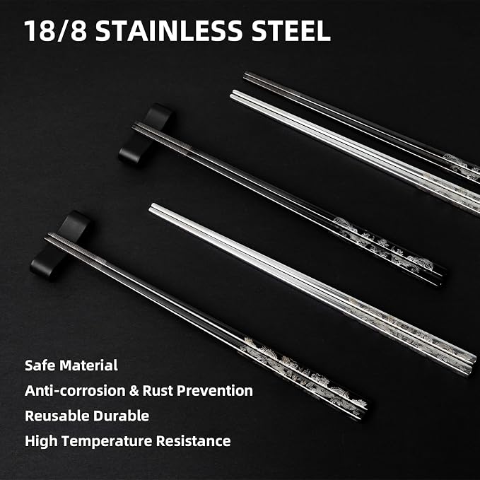 2 Pairs Reusable Stainless Steel Chopsticks, Non-Slip Grip, Dishwasher Safe, Japanese & Korean Style, Metal Chopstick Gift Set for Cooking, Dining & Travel 18/10 (9")