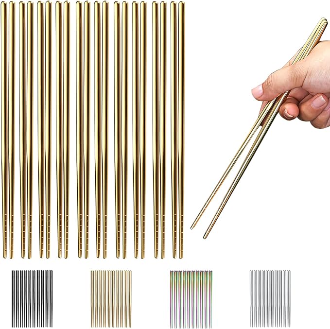 10 Pairs Reusable Chopsticks, Titanium Gold Plating Stainless Steel Metal Chop Sticks, Japanese Chinese Korean Chopstick Dishwasher Safe, 8.9 Inch (Gold / Chop sticks)