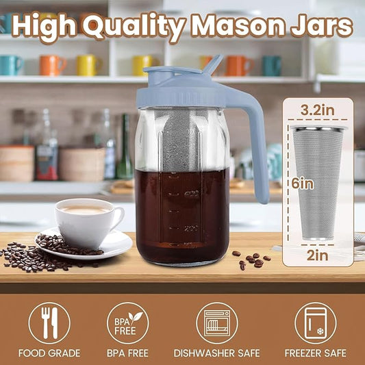 Cold Brew Coffee Maker,32 oz Mason Jar Pitcher with Stainless Steel Filter, Pour Spout Handle Lid, Heavy Duty Glass Airtight & Leak-Proof Pitcher for iced coffee Tea Lemonade-Gray