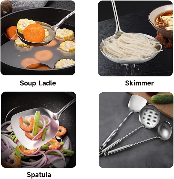 Wok Utensils for Carbon Steel, Stainless Steel Wok Spatula, Wok Tools Professional Set, 3-Pieces Food-Grade 304 Stainless Steel Cooking Utensils All Metal, Dishwasher Safe