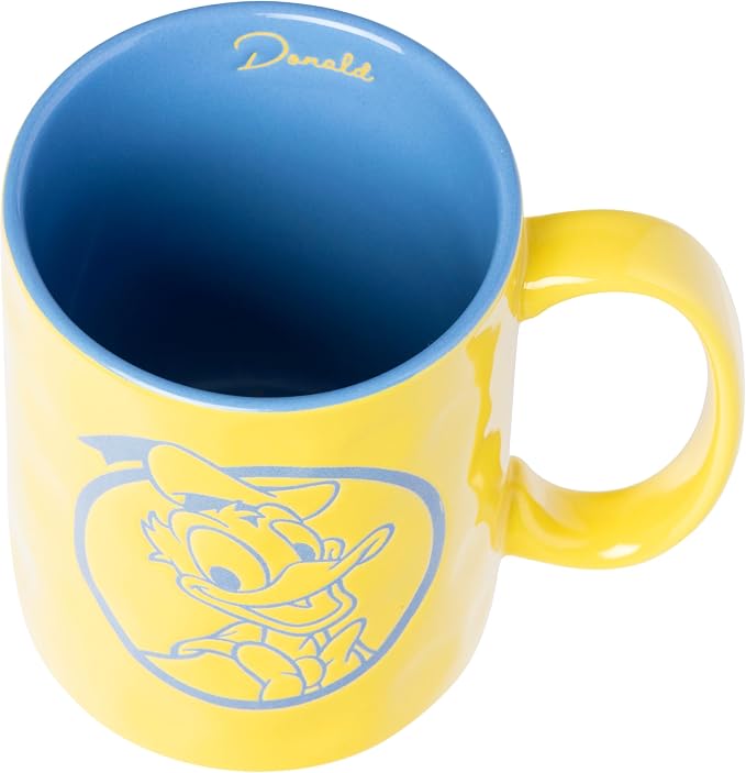 Silver Buffalo Disney Mickey and Friends Featuring Donald Duck Etched Engraved Wax Resist Handmade Ceramic Yellow and Blue Pottery Mug, 17 Ounces