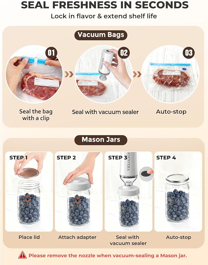 Handheld Vacuum Sealer for Food — Electric Vacuum Sealer Machine & Mason Jar Vacuum Sealer Kit with 10 Reusable Bags & 10 Mason Jar Lids, Portable & Rechargeable, Smart Auto-Stop, White