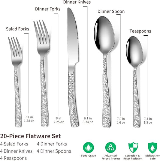 20-Piece Silverware Set, Silver Hammered Stainless Steel Flatware Sets for 4, Food-Grade Tableware Set, Including Fork Knife Spoon Set, Home Kitchen Cutlery Sets, Dishwasher Safe