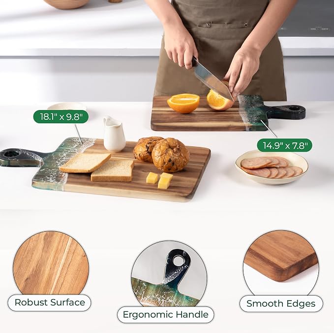 Acacia Wood Serving Board with Handle, 18.1" x 9.8", Dual-Sided Resin Art Tray for Display & Prep, Handcrafted Cutting Board, Includes Stand & Loofah, Christmas Housewarming Gift (Rectangular)