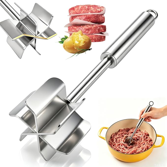 Meat Masher Dishwasher Safe, 304 Stainless Steel Meat Chopper,6-Blade Swirl Ground Beef Smasher,10 Inch Heavy Duty Potato & Hamburger Masher Tool (with Brush）