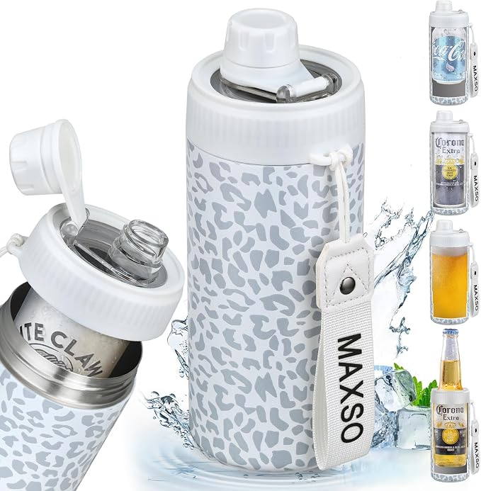 MAXSO Sealed Can Cooler Fizz Lid Can Cover for 12 oz Regular, Slim Skinny Cans & As Thermal Bottle, 4-in-1 Insulated Vacuum Stainless Steel Carbonated Cold Drink Holder - Leopard