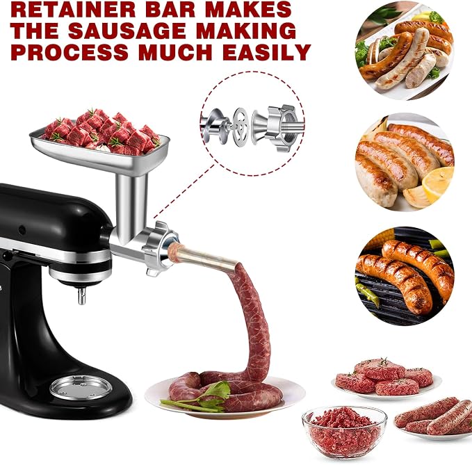 Stainless Steel Meat Grinder Attachment for KitchenAid, Stainless Steel Meat Grinder Attachment, Sausage Stuffer, Attachment for KitchenAid Mixers, Dishwasher Safe(Mixer Not Included)