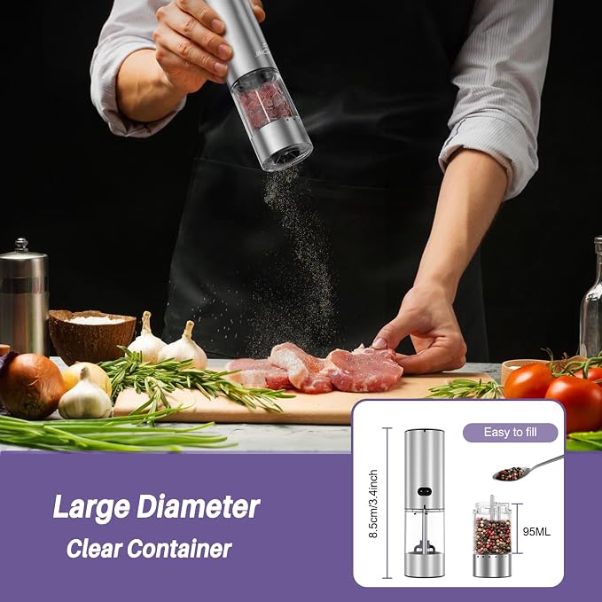 Electric Salt and Pepper Grinder Set, Automatic Pepper Mill Grinder w/Upgraded Charge Base and LED Light,Adjustable Coarseness (Upgraded version of transfer)