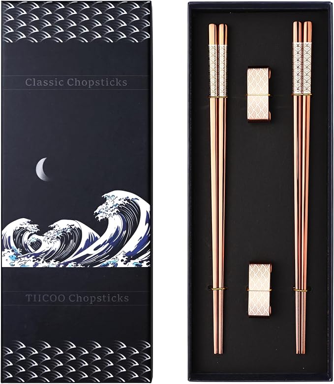 Titanium Stainless Steel 18/8 Reusable Chopsticks - 2 Pairs with Holder, Dishwasher Safe, Lightweight Japanese Style Gift Set (Rose Gold)