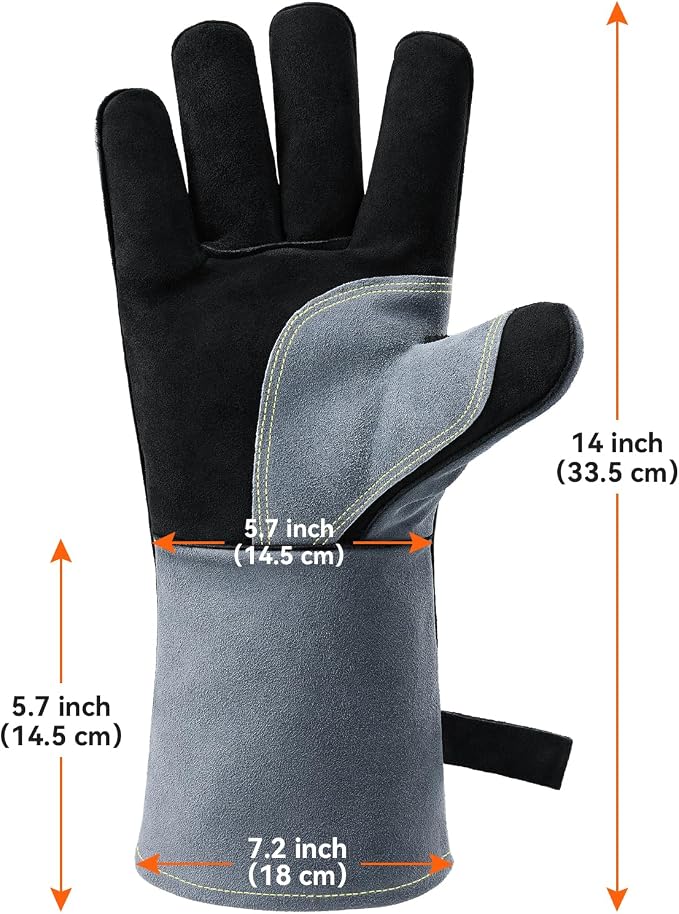 OZERO Welding Gloves: 932°F Heat Resistant Gloves, Black-Gray, 14 Inch | 1.2 mm Split Cowhide, Reinforced Palm, Long Cuff, for MIG TIG Stick Forge BBQ Grill Fireplace Fire Pit Wood Stove Oven