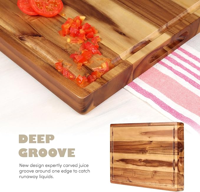 Acacia Wood Cutting Board (17x13x1.5in) and Wooden Butcher Block, Chopping Board - Reversible Multipurpose For Meat, Cheese Board, Vegetables, Bread...with Juice Groove, Cracker Holder & Inner Handles