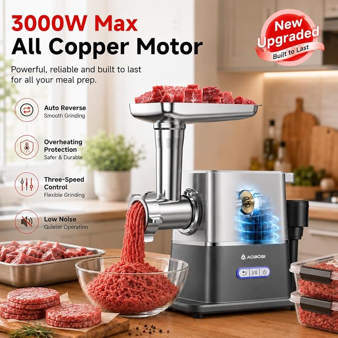 AAOBOSI Meat Grinder Electric 3000W Max with 60dB Quiet DC Motor, Auto-Reverse & Storable Food Pusher - 3 Speed Settings,Grinding, Sausage & Kibbe Making for Home Use