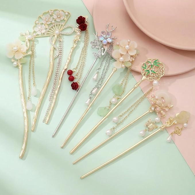 8 Pcs Flowers Metal Hair Sticks with Pendants Chinese Hanfu Asian Hair Chopsticks Hair Bun Updo Holders for Women Accessories Long Hair