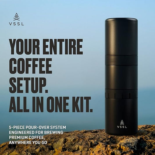 VSSL - Nest Pour Over Coffee Kit | Coffee Maker for Camping | All-In-One Travel Pour Over | Transportable Dripper, Two 10oz Stainless Steel Travel Mugs | Compact Storage & Adventure Ready | Black