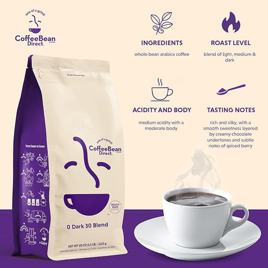 Coffee Bean Direct 0 Dark 30 Blend, Whole Bean Coffee, Mixed Roast Level, 2.5 Pound Bag (Pack of 1)