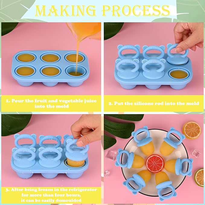 Sakolla Baby Popsicle Molds Mini 6-Cavity Silicone Ice Pop Mold with Sticks Breastmilk Popsicle Molds for Teething Relief Toddler Popsicle Mold for Ice Cream Frozen Yogurt and Fruit Juice (Blue)