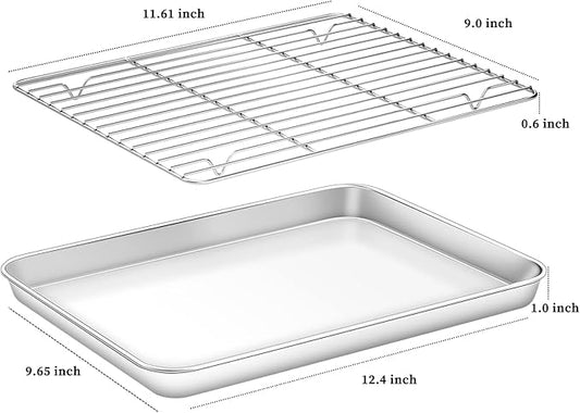 Deedro Baking Sheet with Rack Set [2 Sheets + 2 Racks], Stainless Steel Cookie Half Sheets Baking Pan Oven Tray with Cooling Rack, 12 x 10 x 1 Inch, Heavy Duty, Non-toxic, Easy Clean