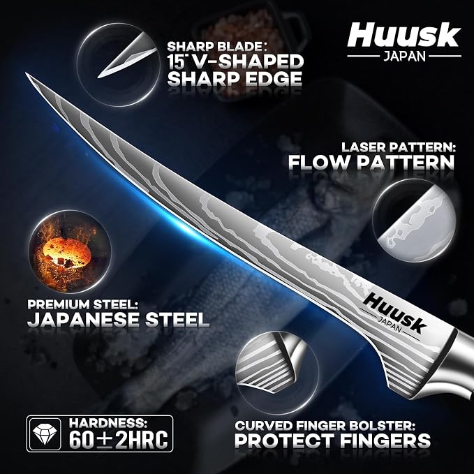 Huusk Fillet Knife for Meat with Wood Handle, Flexible Filet Knife for Fish | 7 Inch Japanese Stainless Steel Boning Knife for Chicken & Meat Processing, Comfortable Grip Handle, Gifts for Men