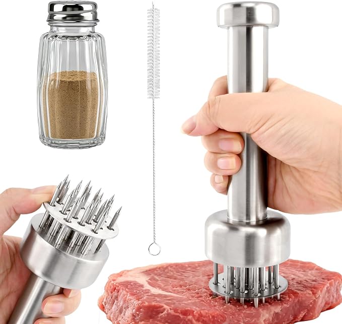 Stainless Steel Meat Tenderizer Tool, 21 Sharp Needles for Steak, Beef | Chicken Meat Tenderizer with Cleaning Brush and Seasoning Jars, Tenderizing for Chicken, Pork, Barbecue, Marinating Prep Tool