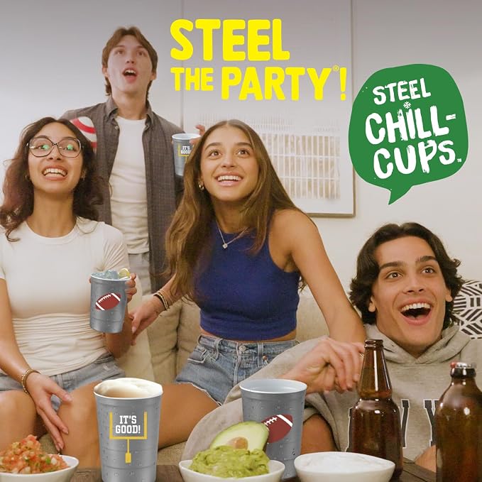 Steel Chill Cups 16 oz. Reusable Party Cups, Football, Gray, 12 Count | Made in USA from Steel these durable cups chill fast & keep your drink cold for longer, 100% recyclable for sustainablity