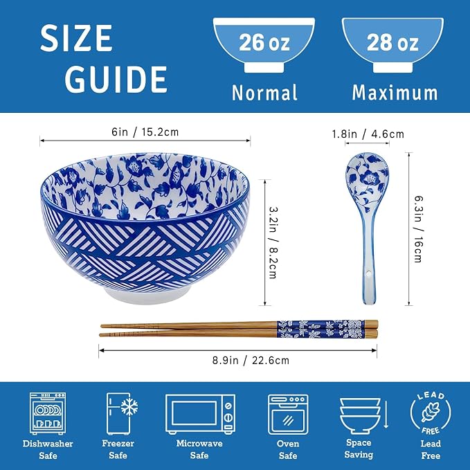 28Oz Ceramic Ramen Noodle Pho Bowl Set with Chopstick&Spoon&Gift box | Lead & Cd Free, Food Safe, Microwave/Oven/Dishwasher Safe, Matching pattern set, foam packed, ideal all-occasion gift