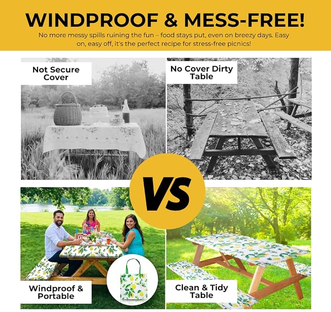 6ft Polyester Picnic Table Cover with Bench Covers Tablecloth Zesty Lemon | Polyester Picnic Table Cover Windproof & Waterproof, Perfect for Camping Gifts & RV Essentials, Cool Camping Gadgets with bag