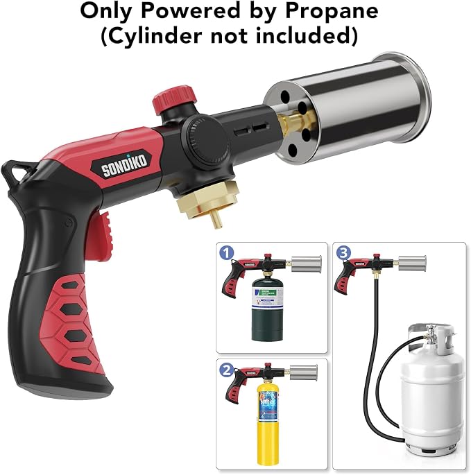 Sondiko Powerful Grill & Cooking Propane Torch L8010, Sous Vide, Campfire Starter, Adjustable Wood Torch Burner for Searing Steak, BBQ, Welding(Red & Black) Propane Tank Not Included | Torch Gun Torch Burner, Hand Held Blow Torch, Best Gift for Men