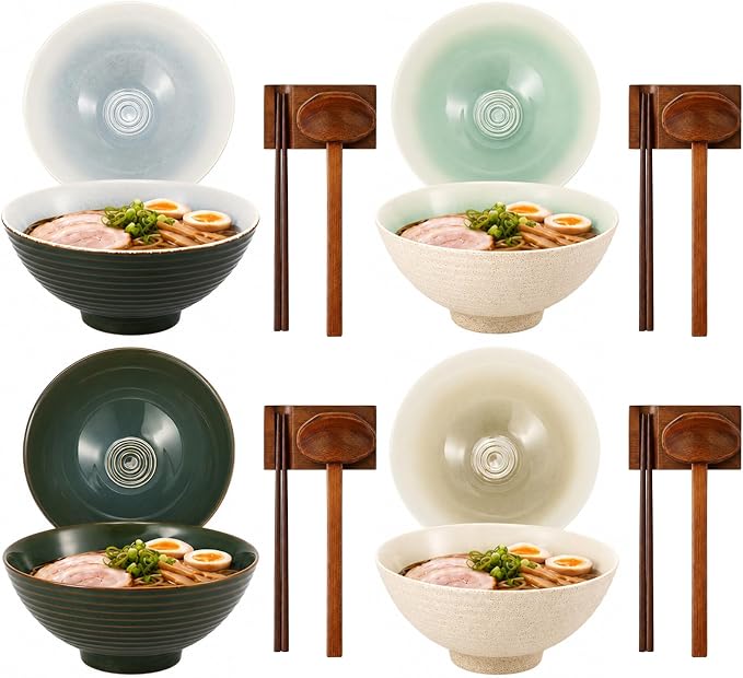 Geiserailie 40oz Ceramic Japanese Ramen Bowls Set of 4, 8 Inch Deep Asian Pho Udon Soup Noodle Bowls with Chopsticks, Spoons & Chopstick Rest -Microwave & Dishwasher Safe(Nordic Minimal)