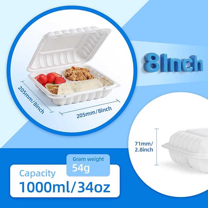 YANGRUI Food Containers 8 Inch 34 oz 55 Pack - Shrink Sealed & Stackable | BPA Free Mineral Filled PP Plastic | Heavy Duty Freezer & Microwave Safe | Restaurant Grade 3 Section White Lunch Boxes