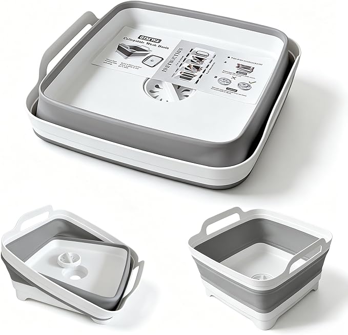 Collapsible Wash Basin with Drain Plug - 2.4 Gallon Foldable Kitchen Sink for Baby Bottles, RV Camping, Space-Saving Dish Tub (Gray) | 2.4 Gal, Collapsible Dish Basin, Drain Plug, Kitchen Sink, Camping, RV, Space-Saving, Narrow Sink, Apartment, Baby Bo...