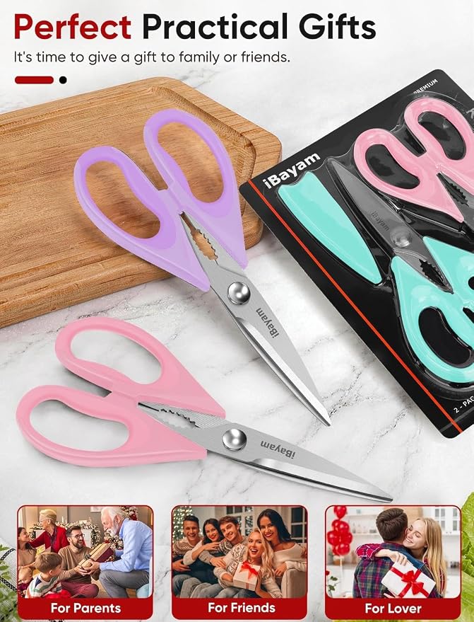 iBayam 8.7" Cute Kitchen Scissors All Purpose, Pastel Pink Purple Teal | Stainless Steel, Comfort-Grip Handles, Dishwasher Safe, Cute Pastel kitchen utensils accessories Apartment Essentials